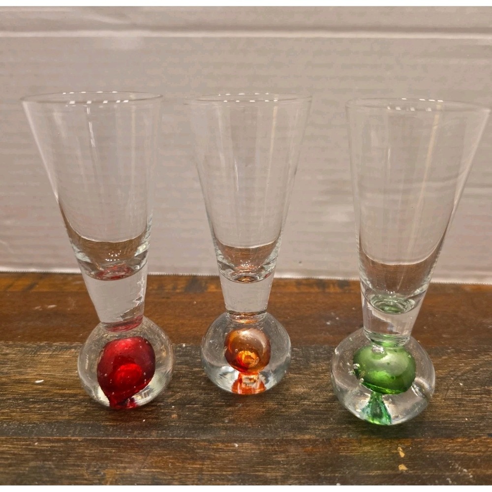 Hand Blown Cordial Shot Glasses Controlled Bubble Base Set of 3 Multicolor